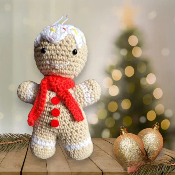 bonhomme de pain d'épice avec glacage sur la tête, bouche, yeux de sécurité, fil d accroche, écharpe, petits boutons plusieurs coloris
